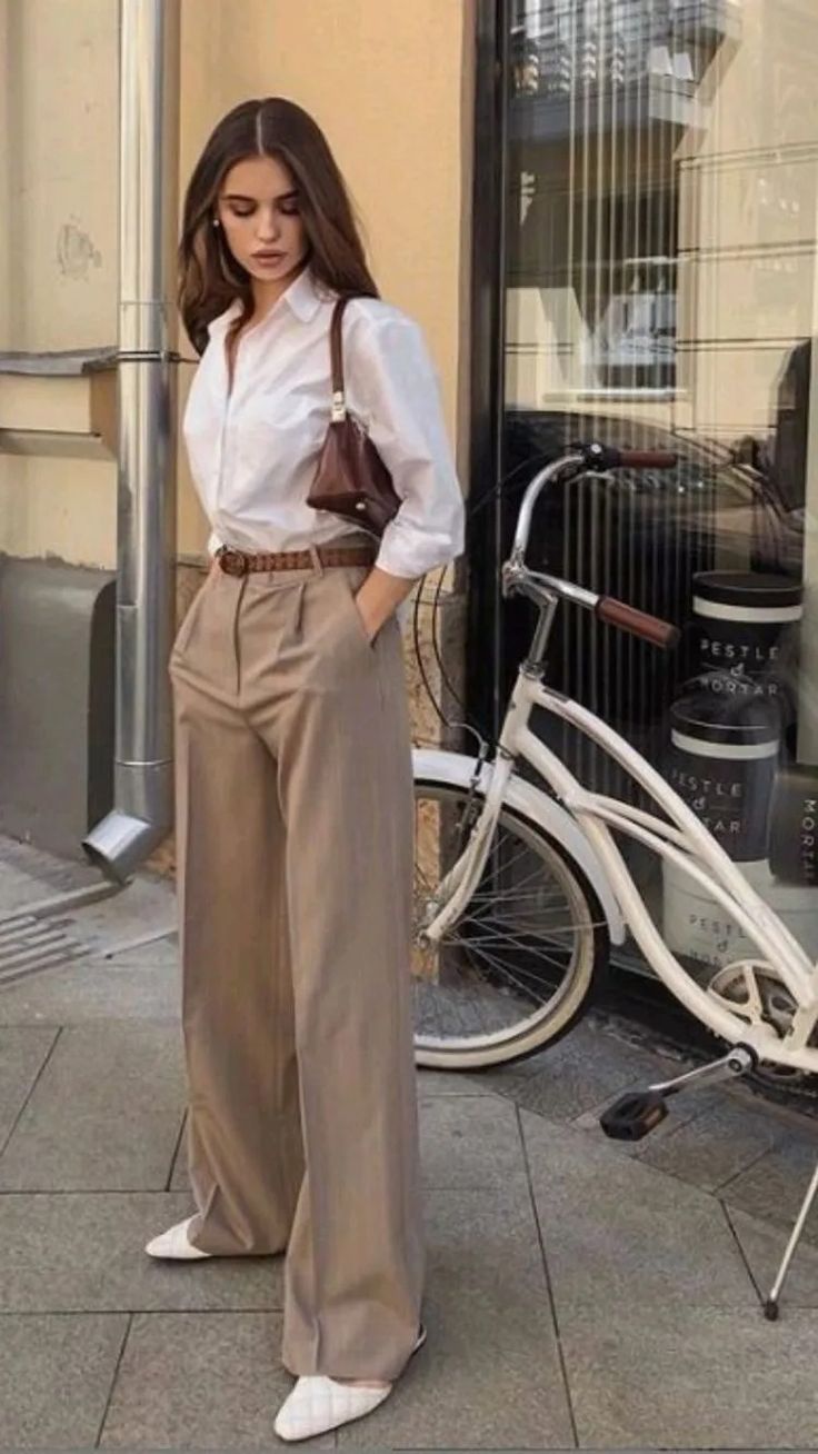 White button-up shirt with beige Aritzia Effortless Pant